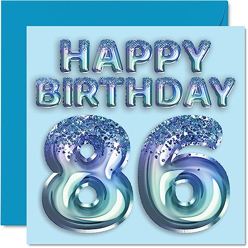 Tarjeta de cumpleaños número 86 para hombres, globo de fiesta con purpurina azul, tarjetas de feliz cumpleaños para hombre de 86 años, gran abuelo, abuelo, papá, abuelo, abuelo, 145 mm x 145 mm,