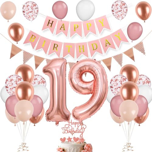 Decoracion Cumpleaños 19 Años Oro rosa, Globos Cumpleaños 19 Años para Mujeres, Globos 19...