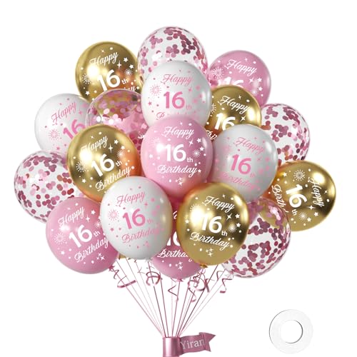 Globos de Cumpleaños para Niñas 16 Años - Paquete de 16 Unidades (30 cm) - Globos Rosa, Blanco y...