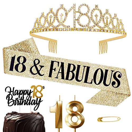 Jonvell Corona y Faja de Oro para Cumpleaños 18 Años - Tiara de Diamantes, Cinturón, Velas Topper...