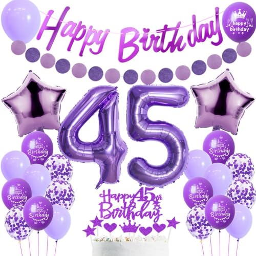 Decoracion Cumpleaños 45 Años Mujer, Topper Tarta 45 Años Cumpleaños Morado, Decoracion Fiesta...