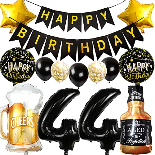 Ouceanwin Decoración Cumpleaños 44 años Hombre Mujer, Globos 44 Cumpleaños Oro Negro, Foil...