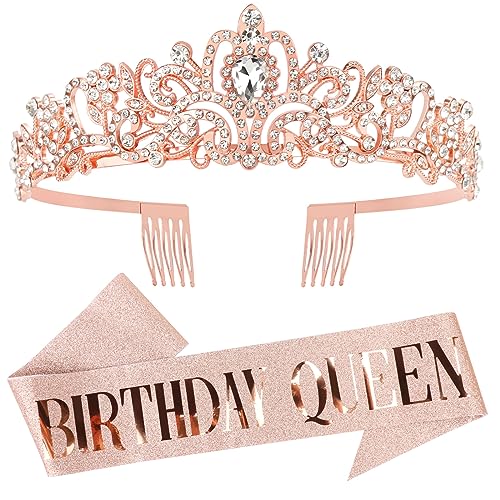 DRESHOW Corona y Fajín de Cumpleaños para Mujer Fajín de Reina de Cumpleaños y Tiara de Strass...