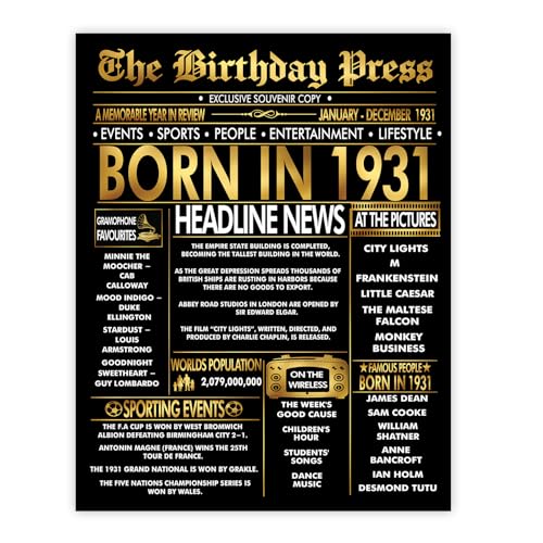 Stuff4 Póster dorado de 94 cumpleaños sin marco, periódico dorado nacido en 1931, feliz...