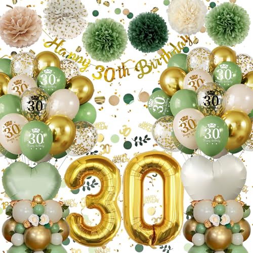 Decoracion 30 Cumpleaños Verdes Oro, Globos 30 Cumpleaños, 30 Años Globos Decoración...