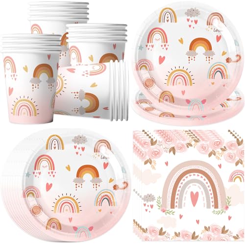 pekifaves Boho Arco Iris Juego de vajilla para fiesta de cumpleaños infantil, para 16 invitados,...