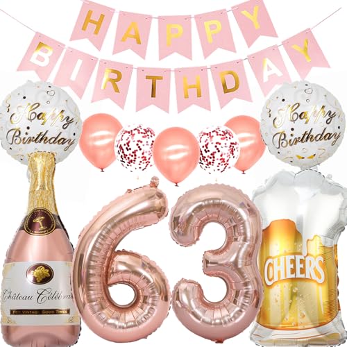 Globo de 63 cumpleaños para mujer, oro rosa, decoración de cumpleaños para 63 años, para...