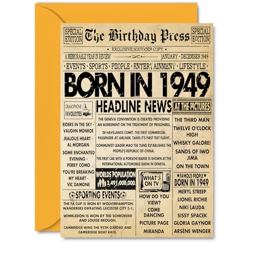 Tarjeta de cumpleaños 76 para hombre y mujer, diseño de periódico de 1949, tamaño A5
