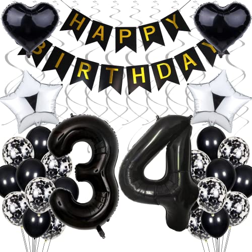 Globo 34 Cumpleaños Decoración, Negro y Blanco Fiesta para Hombres y Mujeres, Plata 34 Años