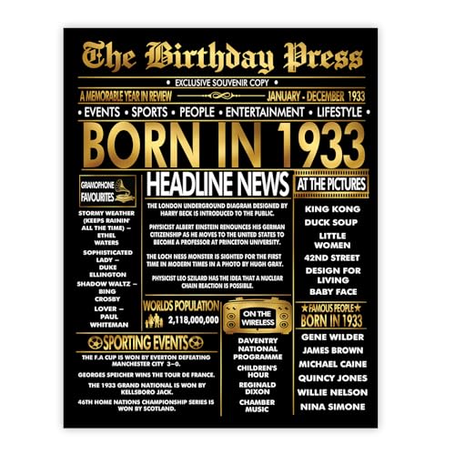 Stuff4 Póster dorado de cumpleaños número 92 sin marco, periódico dorado nacido en 1933, feliz...