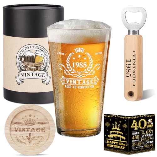 40 Cumpleaños, Regalo Hombre 40 Años Copa de Cerveza Retro 1985, Posavasos de Madera, Abridor de...