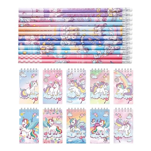 20 Piezas Set de Papelería Unicornio, 10 Pequeñas Libretas & 10 Lápices HB, Regalo Ideal Diario...