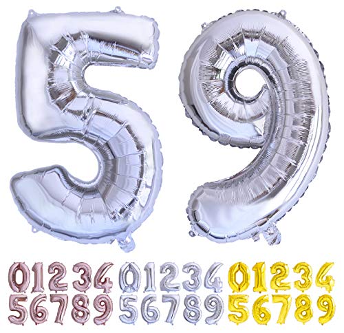 Globo numero 59 o 95 plata. Globos Gigante números 5 9 fiestas cumpleaños decoración fiesta aniversario boda tamaño grande 70 cm con accesorio para inflar aire o helio