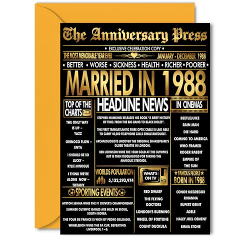 Tarjeta dorada de 37 aniversario para mujeres y hombres, periódico dorado casado en 1988, tarjeta...