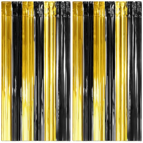 2 Cortinas Metálicas Oro Negro, Cortina de Lámina, Oropel Franjas Decoración Fondo para Fiesta de...