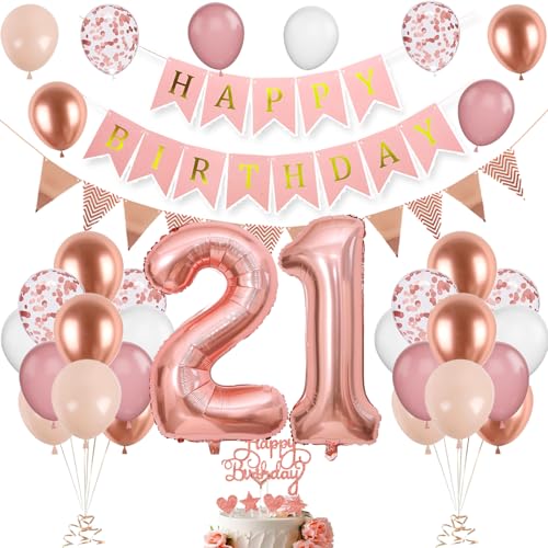 Decoración Cumpleaños 21 Años Oro Rosa para Mujeres, Globos y Accesorios de Fiesta para Chicas