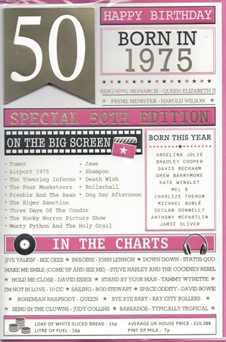 Tarjeta de cumpleaños de 1975 con hechos del año de nacimiento, edición especial 50, eventos...