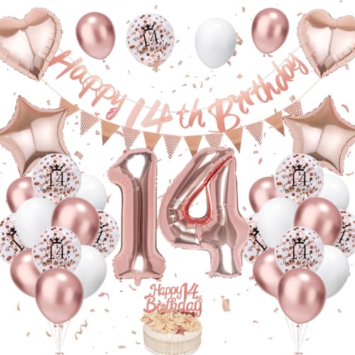 Decoración 14 Años Oro Rosa - Globos de Aluminio, Pancartas para Cumpleaños, Fiesta Chicos y...