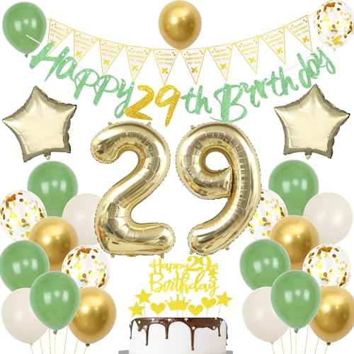 Globos 29 Años Fiesta Verde Oro - Decoraciones Cumpleaños Hombre Mujer - Tarta Oro