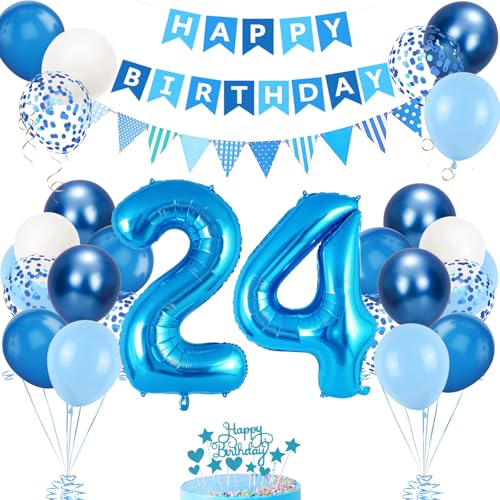 Decoración Cumpleaños 24 Años Azul para Hombre y Mujer - Globos y Accesorios para Fiesta