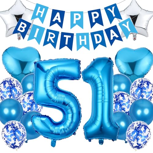 Feelairy Decoracion Cumpleaños 51 años Hombre, Azul Globos 51 Cumpleaños Hombre, Globos de...