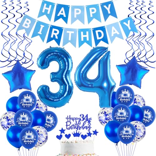 Globos 34 cumpleaños decoración hombre azul, globos 34 años decoración de cumpleaños para los...