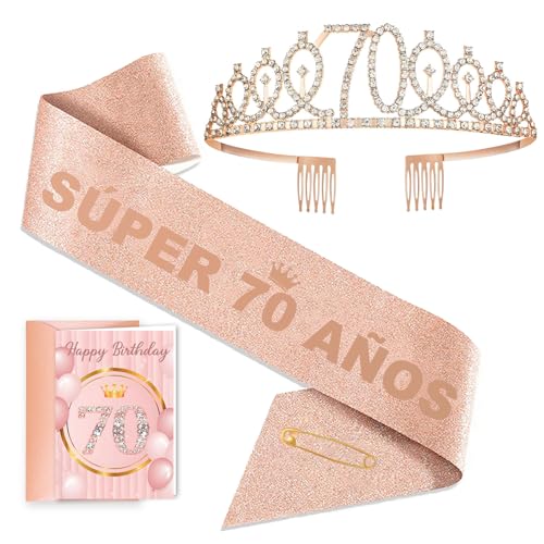 Toctax Kit Regalo Cumpleaños 70 Años Mujer, Banda Super 70 Años, Tiara 70, Tarjeta y Sobre. Ideal...