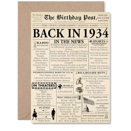 Tarjeta de cumpleaños número 91 para hombres y mujeres, periódico en 1934, tarjetas de feliz 91...