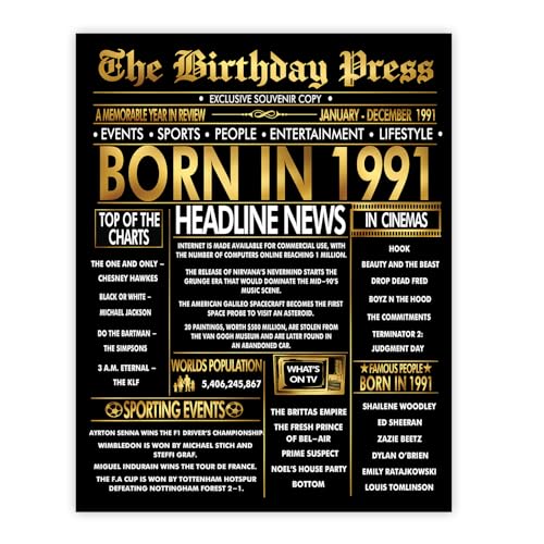 Stuff4 Póster dorado de 34 cumpleaños sin marco, periódico dorado nacido en 1991, feliz...