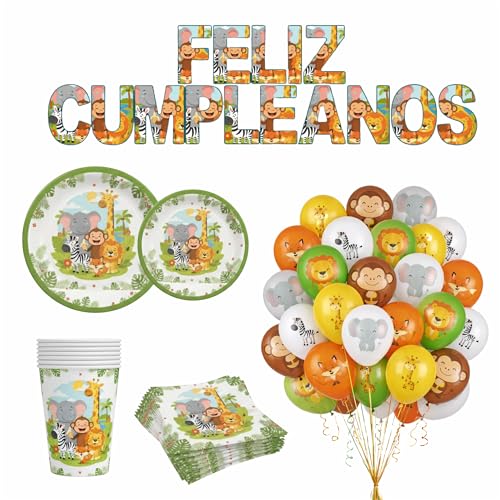 Vajilla Cumpleaños Decoracion Completa 175 piezas – Pack Selva 30 invitados - Platos y Vasos...