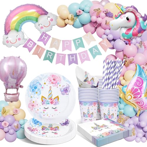 HLEIUKT Vajilla para Fiesta de Unicornio, Decoraciones Cumpleaños Rosa Unicornio, Juego de Vajilla...