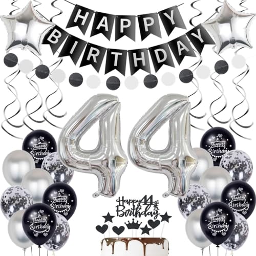 Globos plata 44 Cumpleaños Decoración, 44 Cumpleaños Decoración Negro Plata, Mujer Hombre 44...