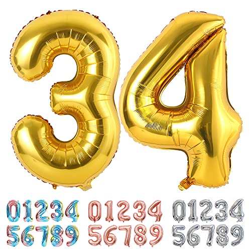 Ponmoo Foil Globo Número 34/43 Dorado, Gigante Numeros 0 1 2 3 4 5 6 7 8 9 10-19 20-29 30-39 40 50...