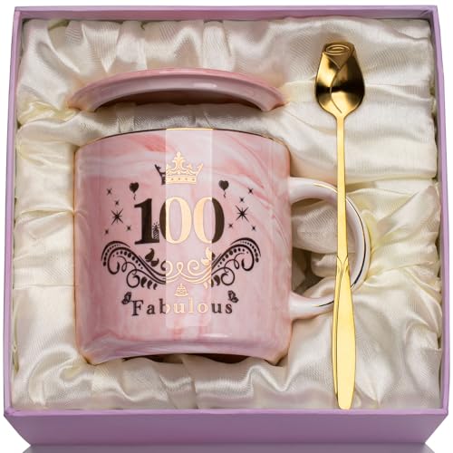 WXYTXHYQ Regalos 100 Cumpleaños Taza, Regalo Abuela 100 Cumpleaños Taza de Cerámica Jaspeada Rosa...