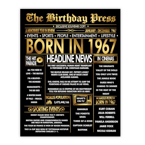 Stuff4 Póster dorado de 58 cumpleaños sin marco, periódico dorado nacido en 1967, feliz...
