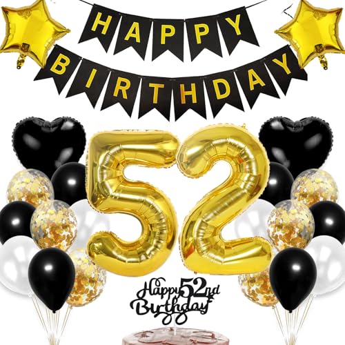 Ouceanwin Globo 52 años Cumpleaños Mujer Hombre, Oro Negro Decoración Tarta Cumpleaños 52 años...