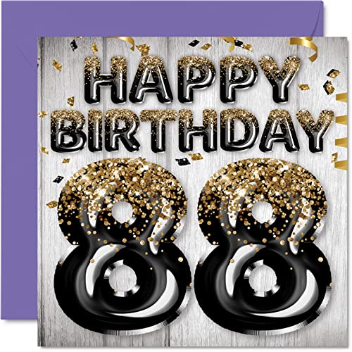 Tarjeta de cumpleaños 88 para hombres, globos negros y dorados con purpurina, tarjetas de feliz...