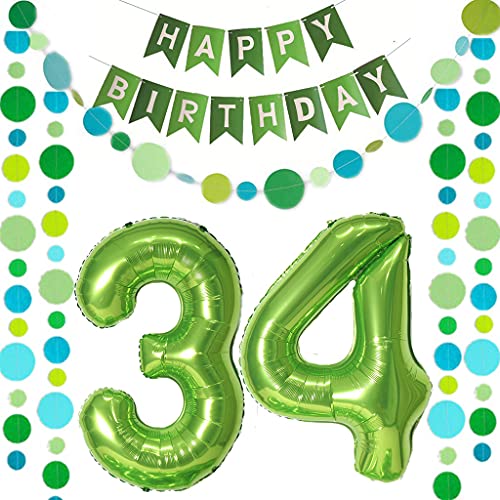 2 globos con el número 34 verde + guirnalda de cumpleaños + guirnalda verde para 34 cumpleaños,...