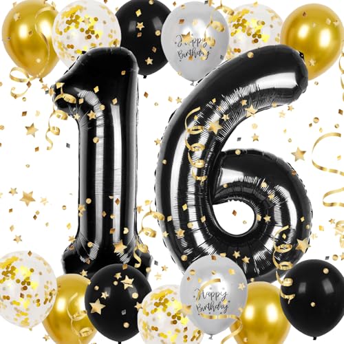 LXONTSG Globos 16 Cumpleaños Oro Negro, Decoración de Cumpleaños con 16 Piezas, Incluye Globos de...