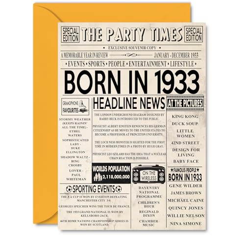 Tarjetas de cumpleaños número 92 para mujeres y hombres – Born In 1933 Newspaper – Tarjeta de...