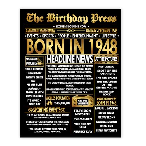 Stuff4 Póster dorado de 77 cumpleaños sin marco, periódico dorado nacido en 1948, feliz...