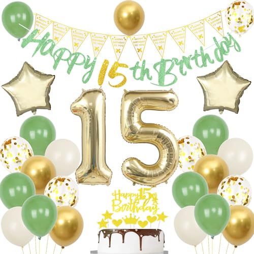 Globos 15 Años Fiesta Verde Oro - Decoraciones Cumpleaños Niño Niña - Tarta Oro