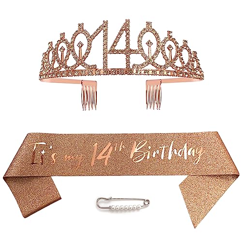 Tiara y coronas de 14 cumpleaños para niñas, tiara de oro rosa, tiara de princesa, tiara de...
