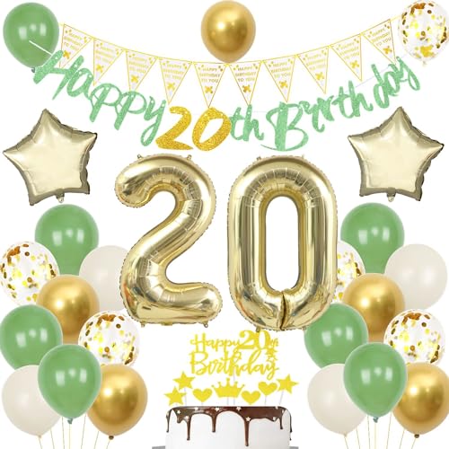 Globos y Decoraciones para Fiesta de 20 Cumpleaños - Verde y Oro - Para Hombre y Mujer - Incluye...