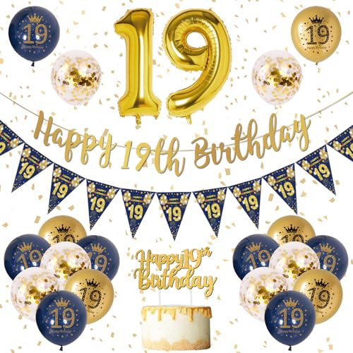 19 Años Decoracion Cumpleaños Hombre Azul Oro Banner de Feliz Cumpleaños, Azul Oro Globos de...
