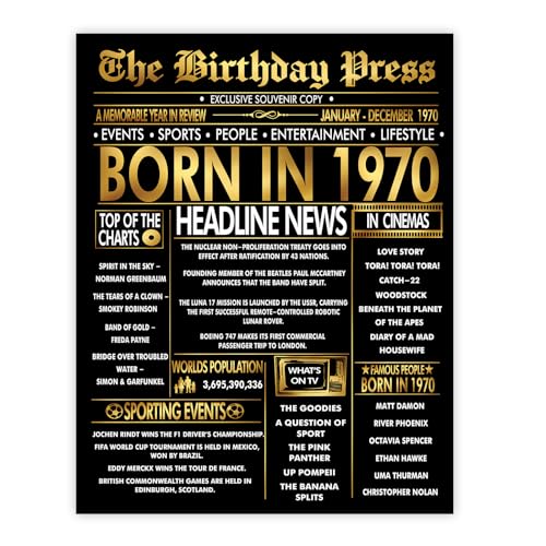 Stuff4 Póster dorado de 55 cumpleaños sin marco, periódico dorado nacido en 1970, feliz...