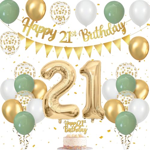 21 cumpleaños decoraciones para ella, 21 Cumpleaños Globos Set con Sage Verde Blanco Oro Globos,...
