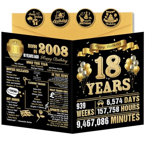 Benjia Tarjetas de felicitación de cumpleaños número 18 para niños y niñas nacidas en 2008,...