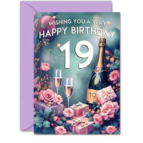 Giftzie Tarjeta de cumpleaños número 19, botella de champán, hermosas y bonitas tarjetas de...
