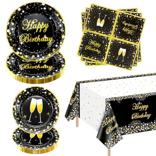 61 piezas de suministros de fiesta negros y dorados, platos dorados y negros, servilletas de oro...